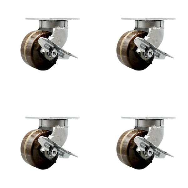 6'' Heavy Duty High Temp Phenolic Swivel Caster Set with Brakes , 4PK